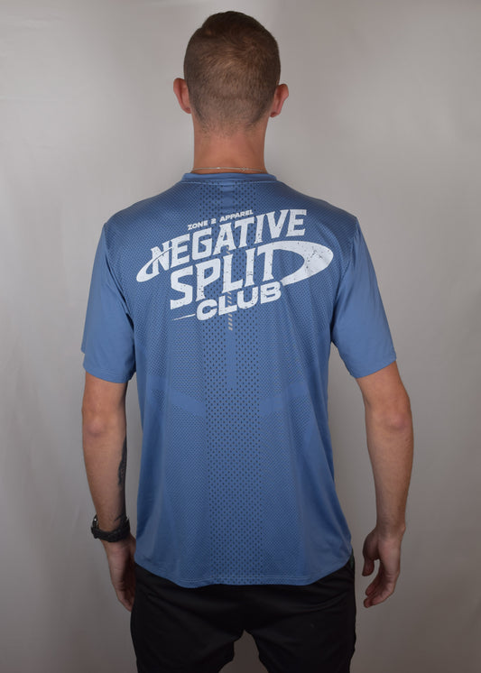 The Split Tee Technical Running T-Shirt in blue from the back with Negative Split Club printed